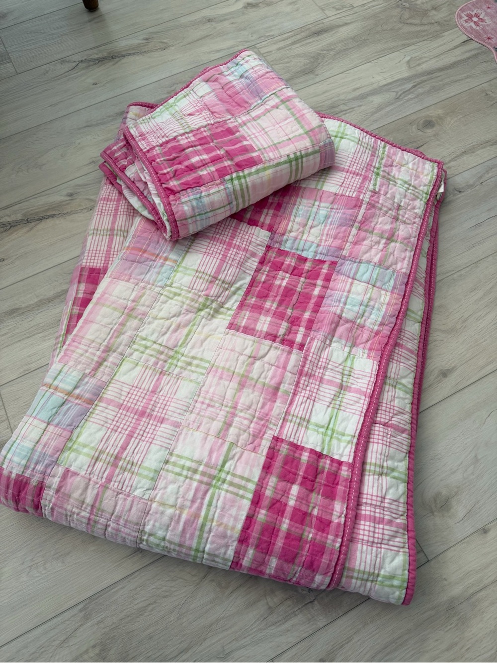 Pottery Barn Kids Pink Plaid Patchwork Quilt with Green Accents & 1 Euro Sham